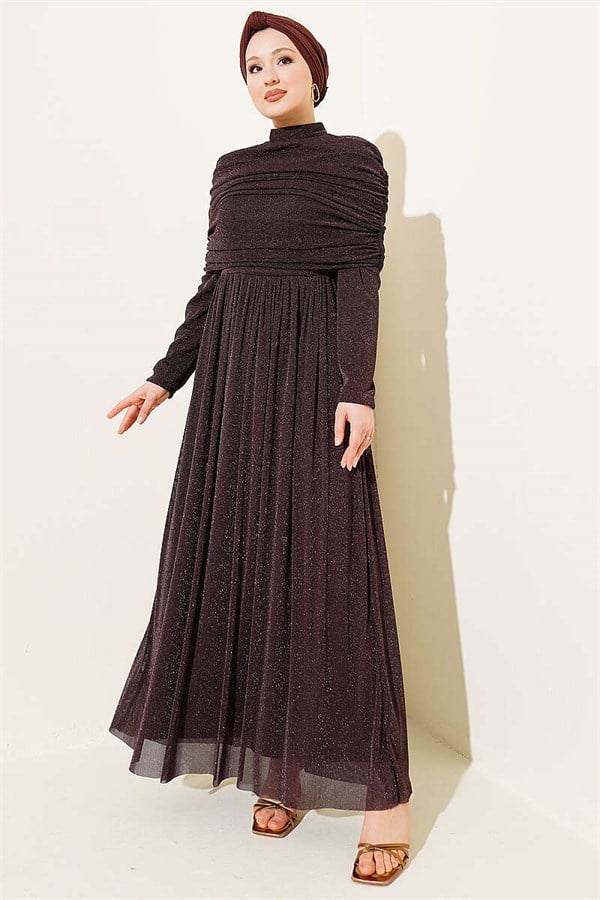 Sparkly Evening Dress with V-Neck Look, Brown