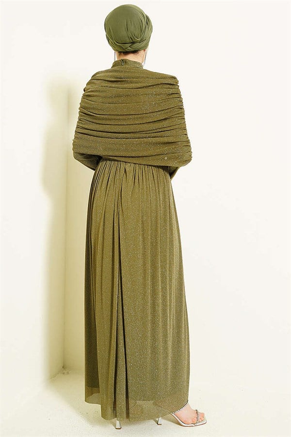 Khaki Glittery Evening Dress with V-Neckline Look