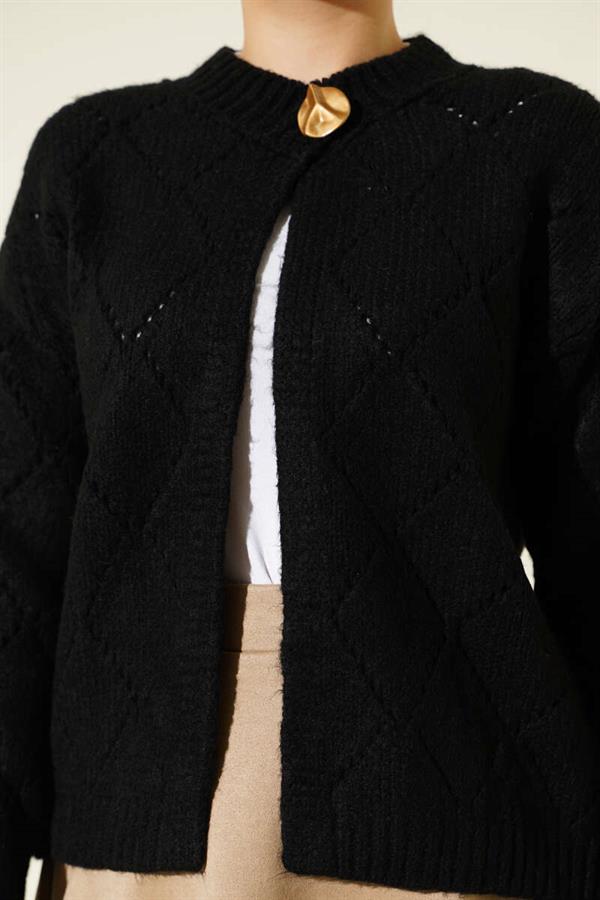 Perforated Diamond Patterned Knitwear Cardigan Black