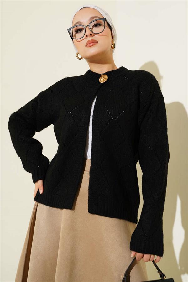 Perforated Diamond Patterned Knitwear Cardigan Black