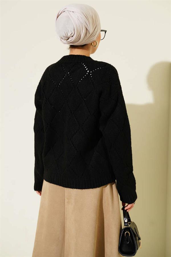 Perforated Diamond Patterned Knitwear Cardigan Black
