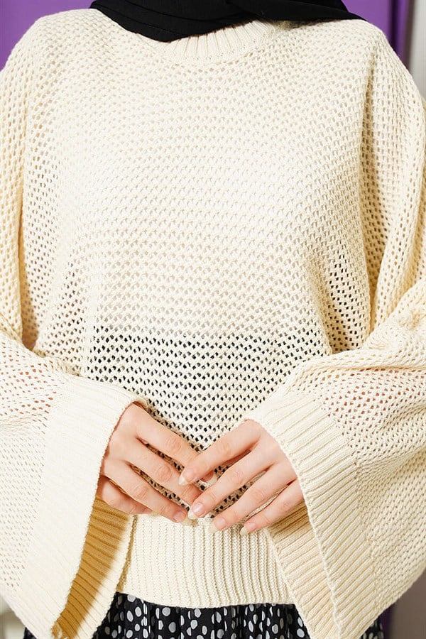 Openwork Batwing Sleeve Sweater Beige