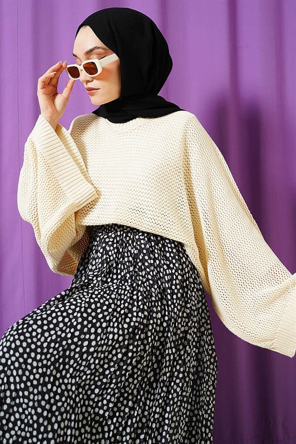 Openwork Batwing Sleeve Sweater Beige