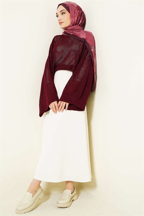Perforated Batwing Sleeve Knitted Openwork Sweater, Burgundy