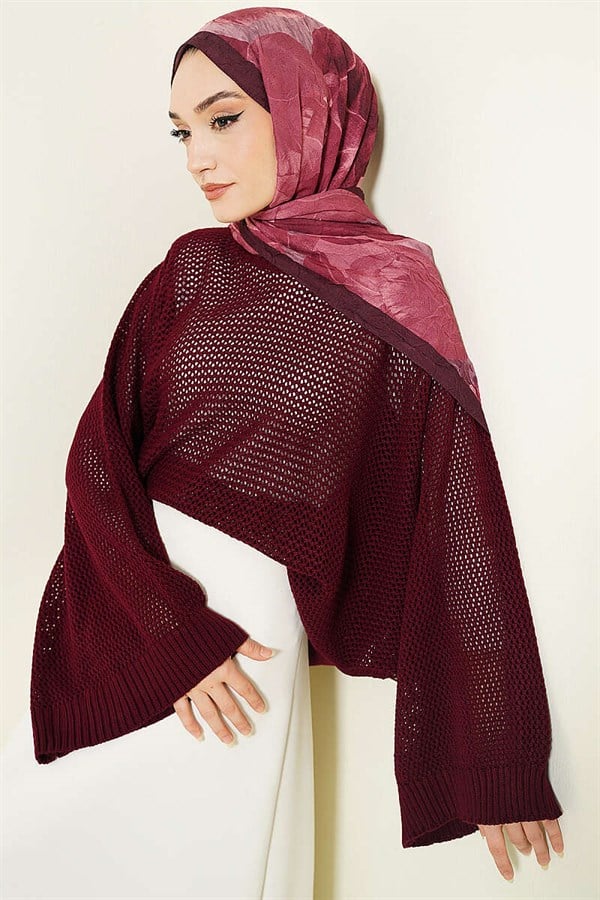 Perforated Batwing Sleeve Knitted Openwork Sweater, Burgundy