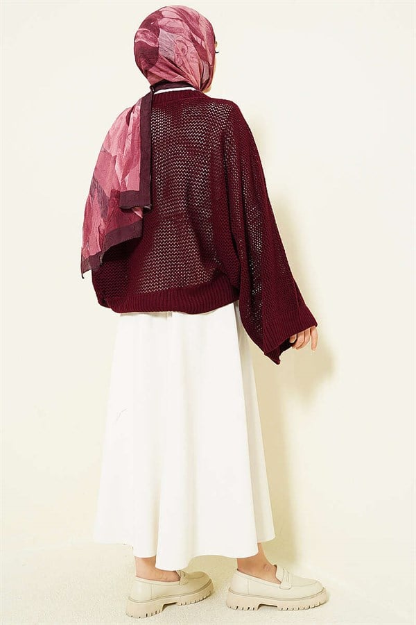 Perforated Batwing Sleeve Knitted Openwork Sweater, Burgundy