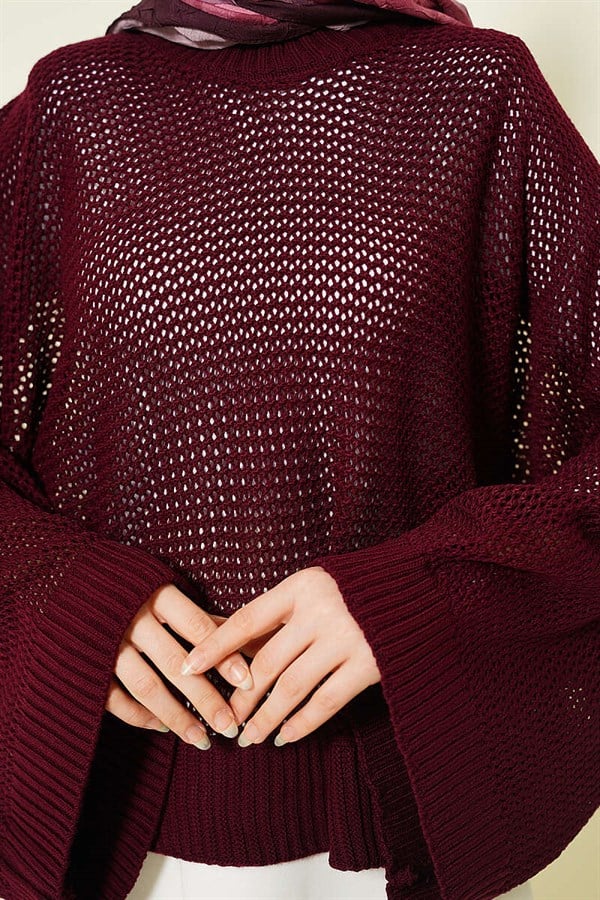 Perforated Batwing Sleeve Knitted Openwork Sweater, Burgundy
