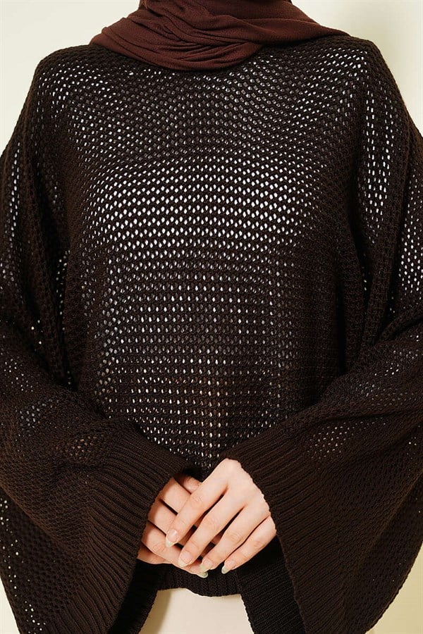 Openwork Batwing Sleeve Sweater in Coffee