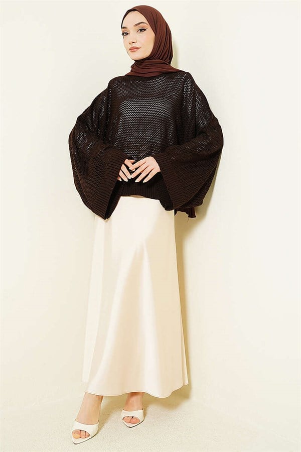 Openwork Batwing Sleeve Sweater in Coffee
