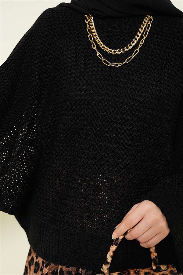 Openwork Batwing Sleeve Knit Sweater Black