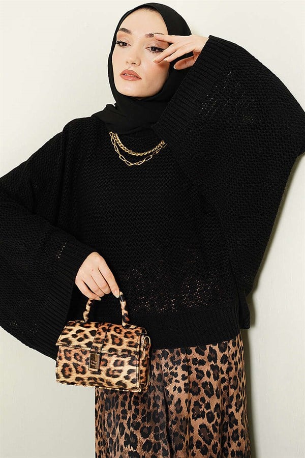 Openwork Batwing Sleeve Knit Sweater Black