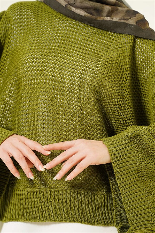 Openwork Batwing Sleeve Sweater Green