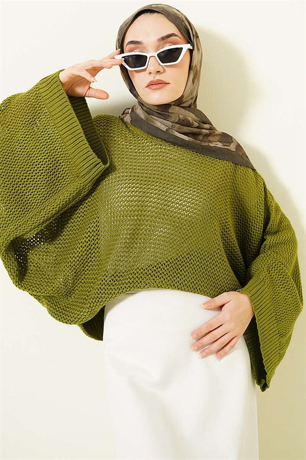 Openwork Batwing Sleeve Sweater Green