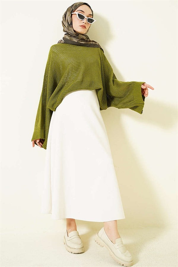 Openwork Batwing Sleeve Sweater Green