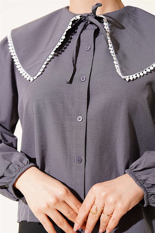Navy Collar Tie-Up Short Shirt, Dark Gray