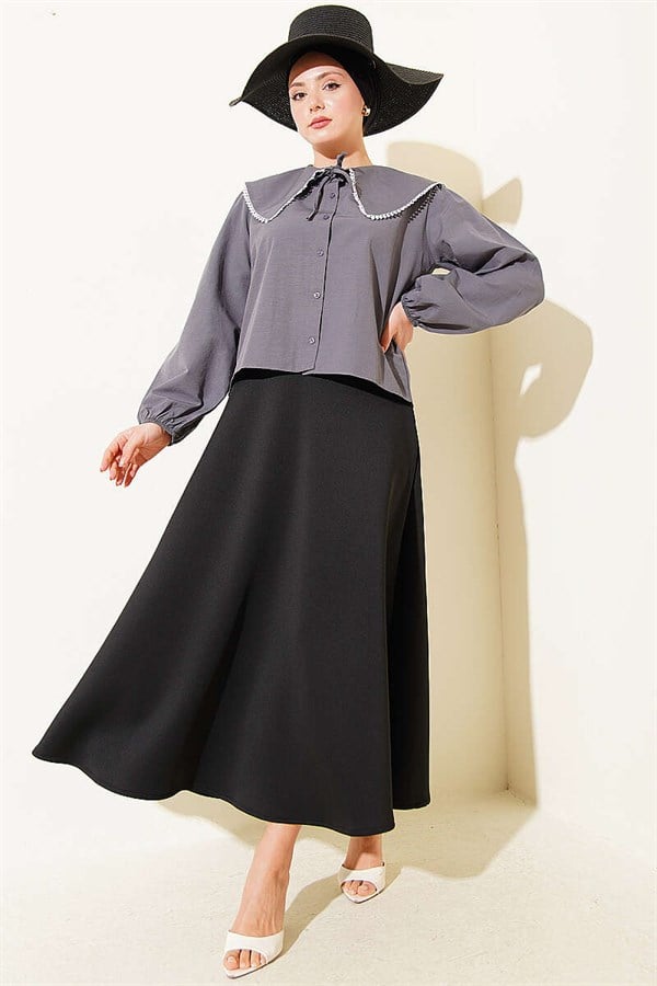 Navy Collar Tie-Up Short Shirt, Dark Gray