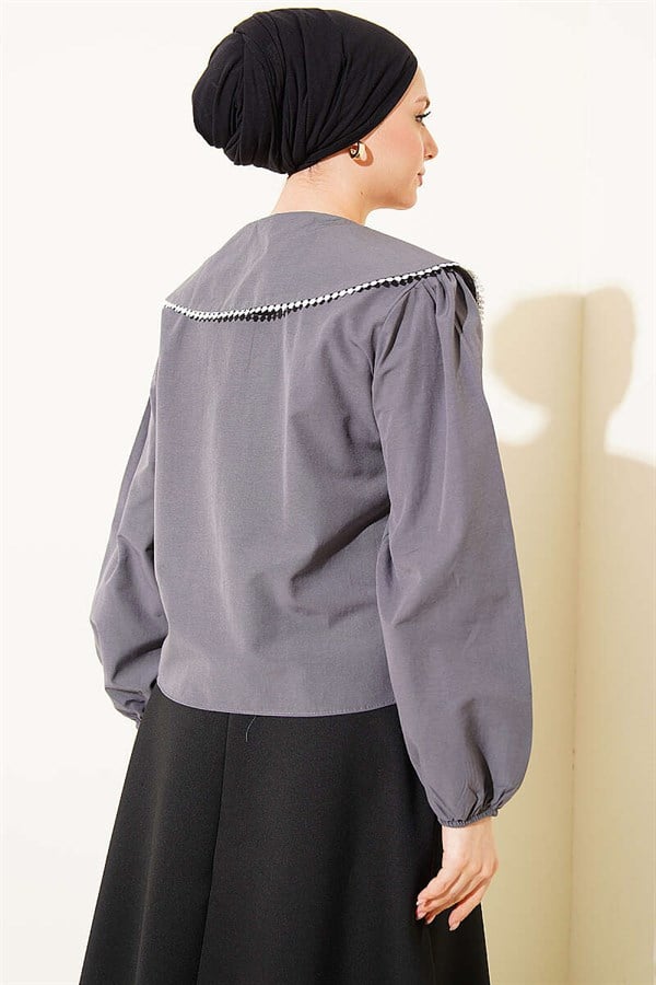 Navy Collar Tie-Up Short Shirt, Dark Gray