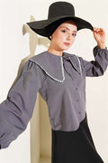 Navy Collar Tie-Up Short Shirt, Dark Gray