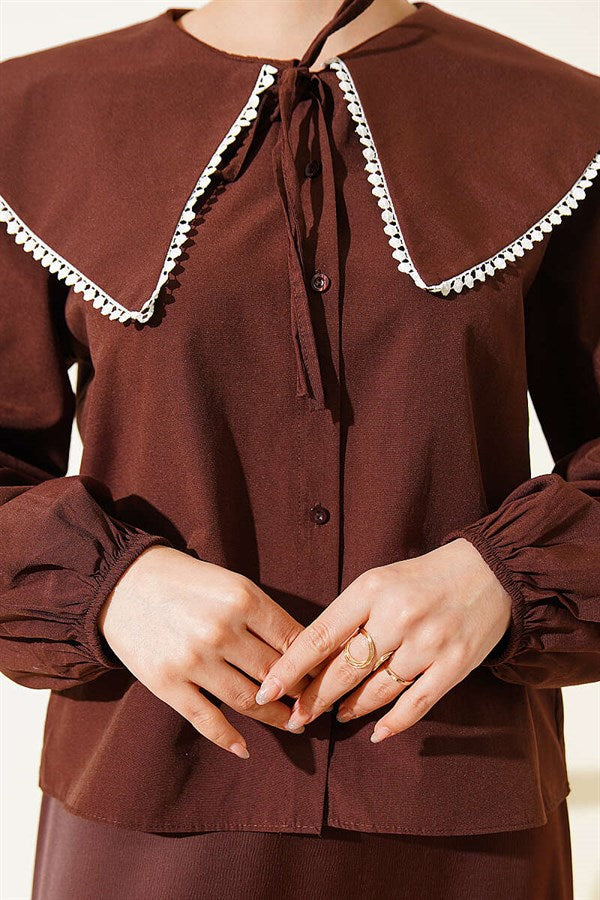 Sailor Collar Tie-Up Short Shirt, Brown