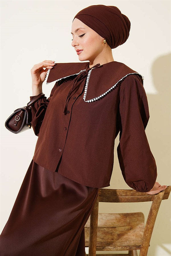 Sailor Collar Tie-Up Short Shirt, Brown