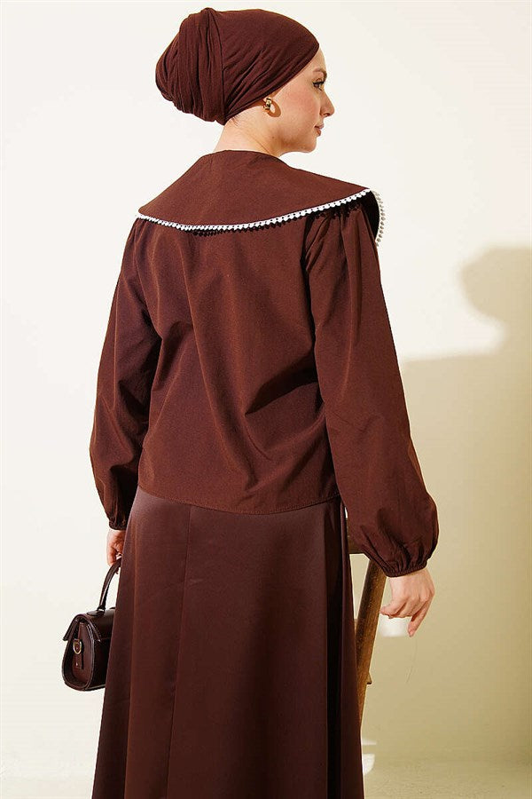 Sailor Collar Tie-Up Short Shirt, Brown