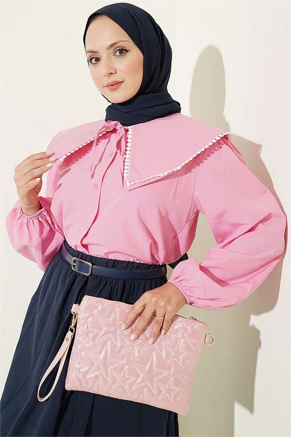 Sailor Collar Tie-Up Short Shirt Pink