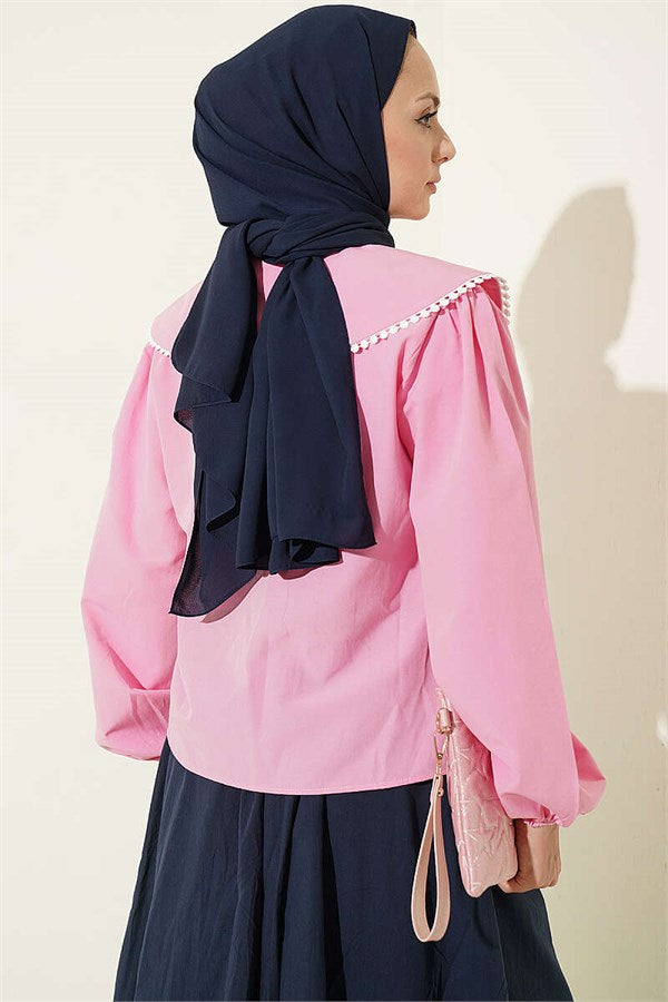 Sailor Collar Tie-Up Short Shirt Pink
