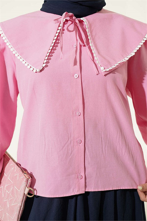 Sailor Collar Tie-Up Short Shirt Pink