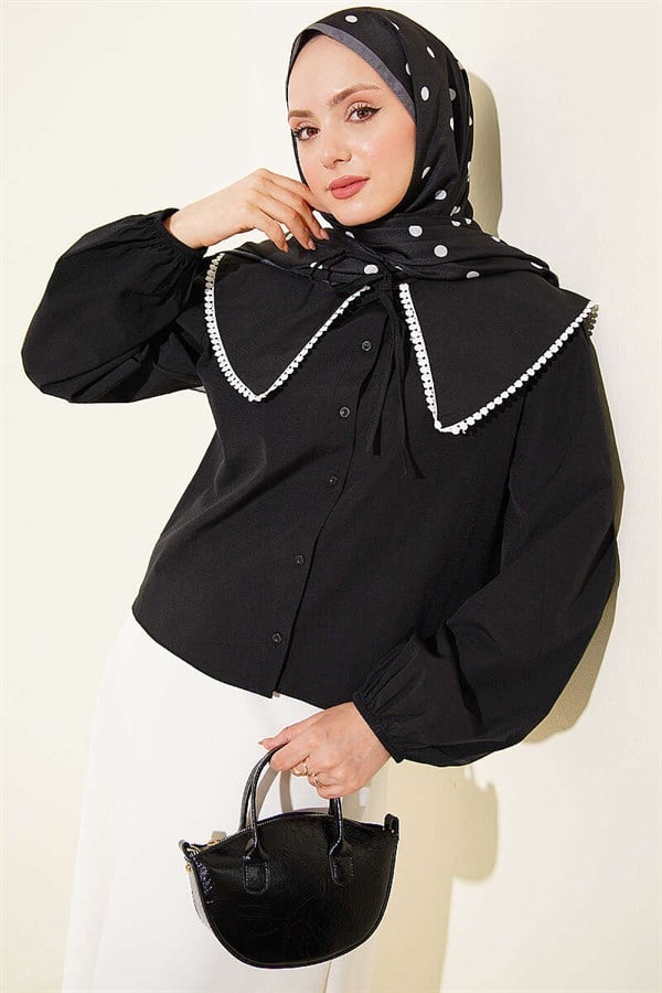 Sailor Collar Tie-Up Short Shirt, Black