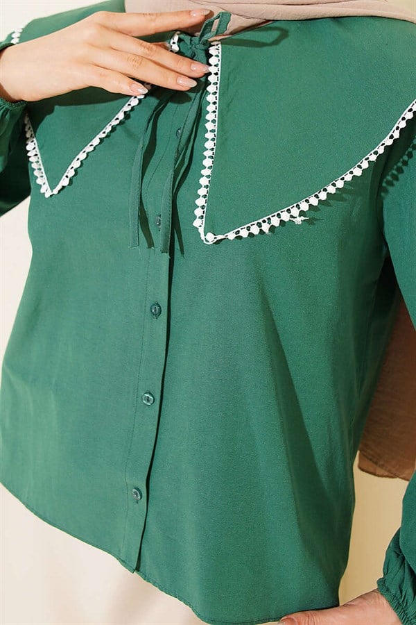 Sailor Collar Tie-Up Short Shirt Emerald