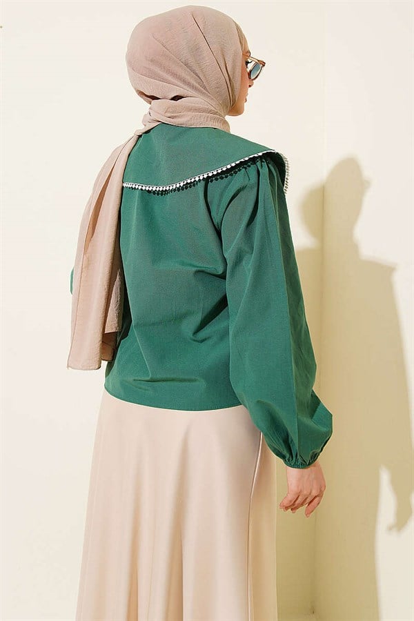 Sailor Collar Tie-Up Short Shirt Emerald