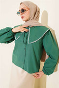 Sailor Collar Tie-Up Short Shirt Emerald