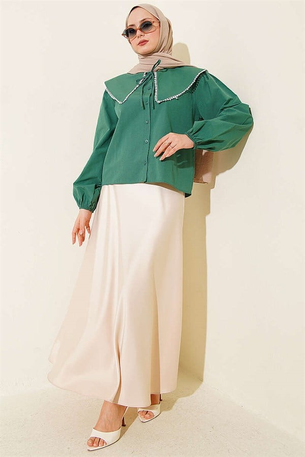 Sailor Collar Tie-Up Short Shirt Emerald