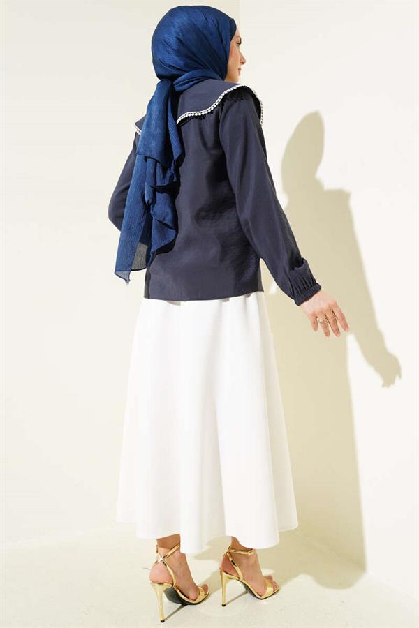 Sailor Collar Lace Short Shirt Navy Blue