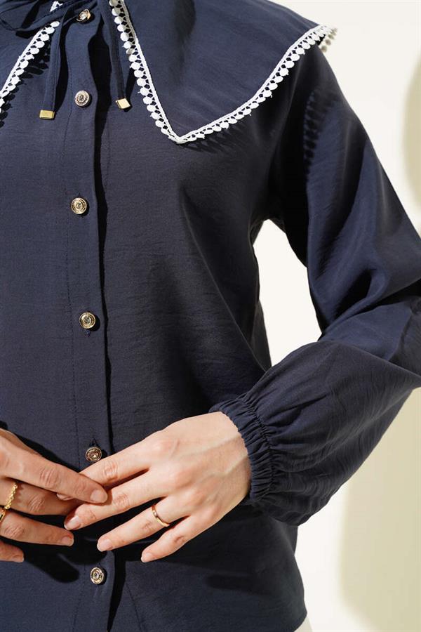 Sailor Collar Lace Short Shirt Navy Blue