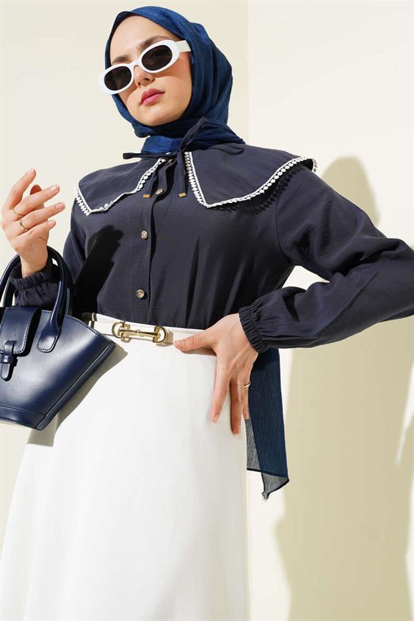Sailor Collar Lace Short Shirt Navy Blue