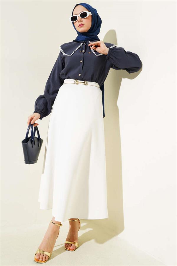 Sailor Collar Lace Short Shirt Navy Blue