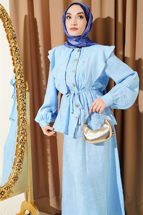 2 Piece Set with Sailor Collar Detail and Skirt, Baby Blue