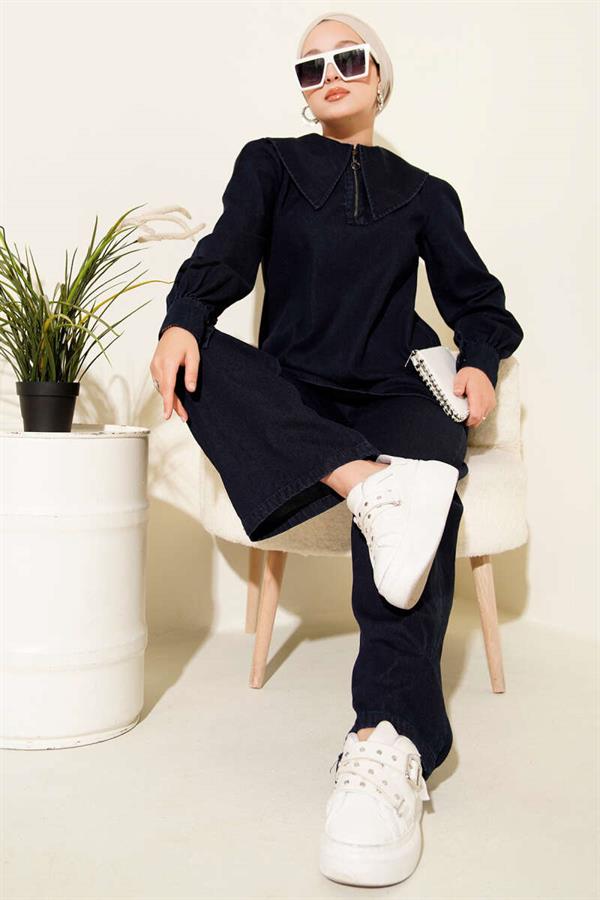 Sailor Collar Zippered Denim 2 Piece Set Navy Blue