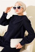 Sailor Collar Zippered Denim 2 Piece Set Navy Blue
