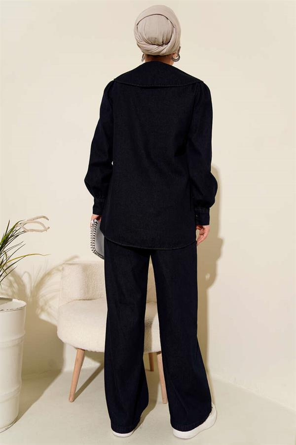 Sailor Collar Zippered Denim 2 Piece Set Navy Blue
