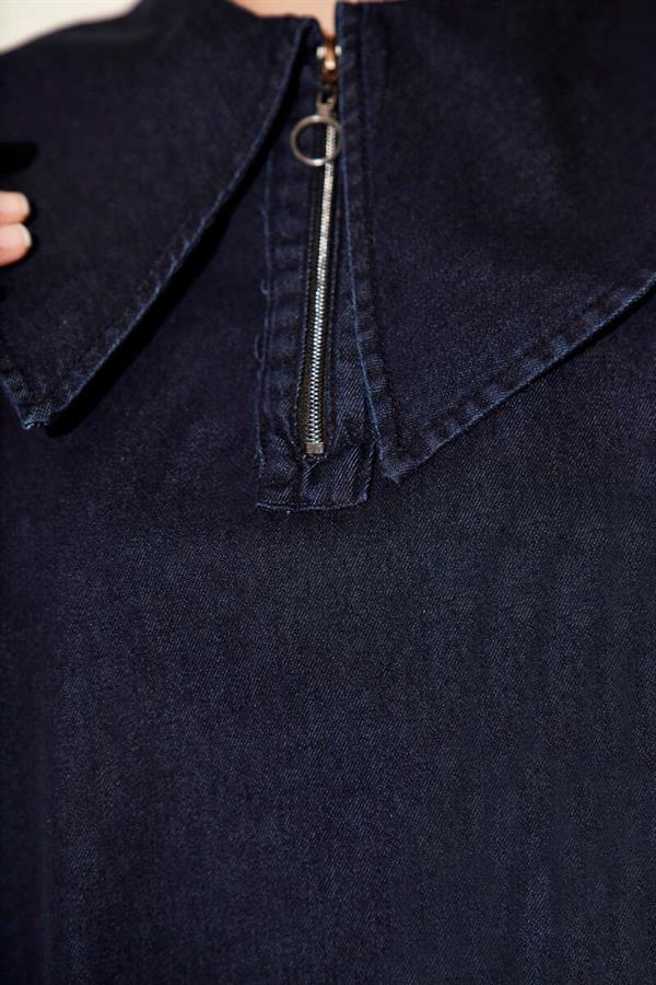 Sailor Collar Zippered Denim 2 Piece Set Navy Blue