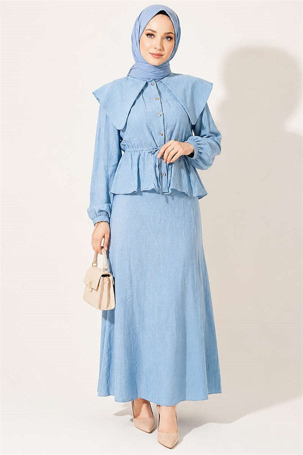 Sailor Collar Two-Piece Set with Drawstring Skirt, Blue