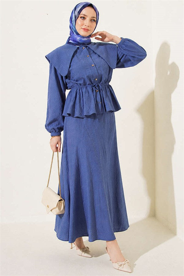 Sailor Collar Two-Piece Set with Drawstring Skirt, Indigo