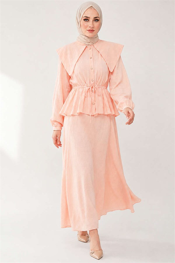 Sailor Collar Two-Piece Set with Drawstring Skirt, Salmon