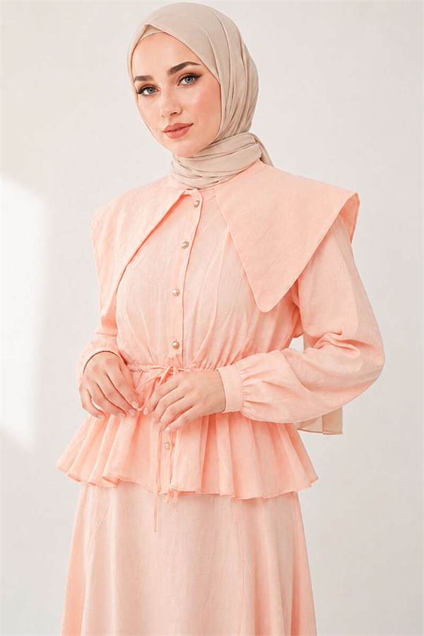 Sailor Collar Two-Piece Set with Drawstring Skirt, Salmon