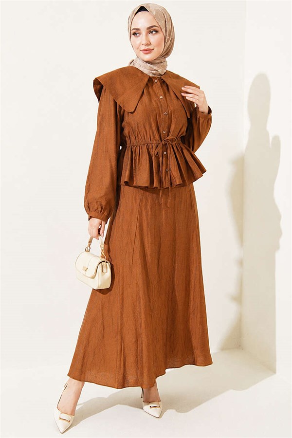 Sailor Collar Two-Piece Set with Drawstring Skirt, Tan