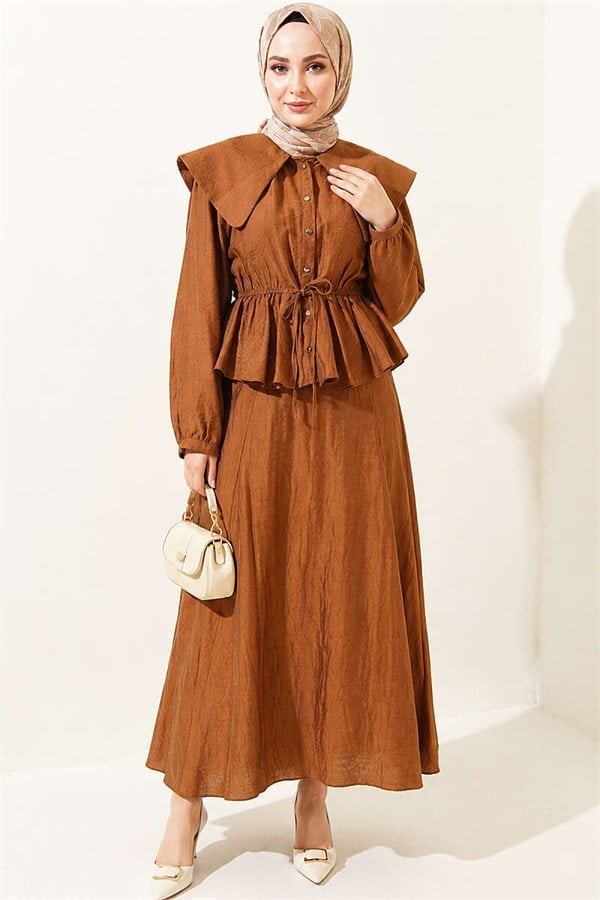 Sailor Collar Two-Piece Set with Drawstring Skirt, Tan