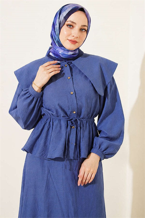 Sailor Collar Two-Piece Set with Drawstring Skirt, Indigo