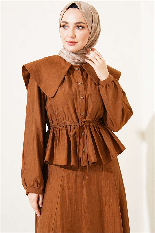 Sailor Collar Two-Piece Set with Drawstring Skirt, Tan